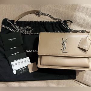 Saint Laurent Sunset Medium Chain Monogram bag, dark beige with silver hardware